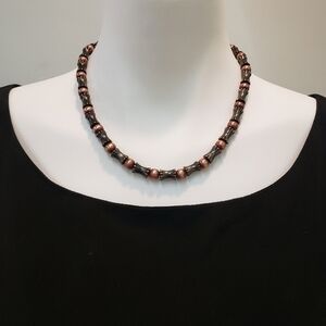 PEWTER Barrel Bead Faux Pearl Chunky Necklace Antiqued Silver Tones